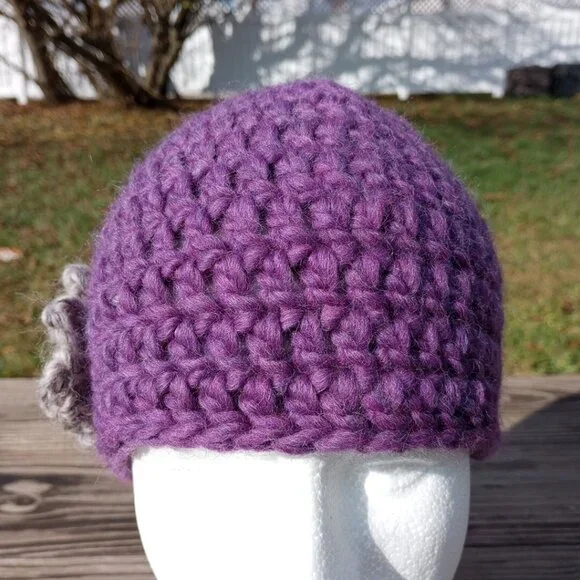 Womens Beanie Cloche Handmade Purple Crochet Hat Gray Brown Flower Pure New Wool - Picture 3 of 11